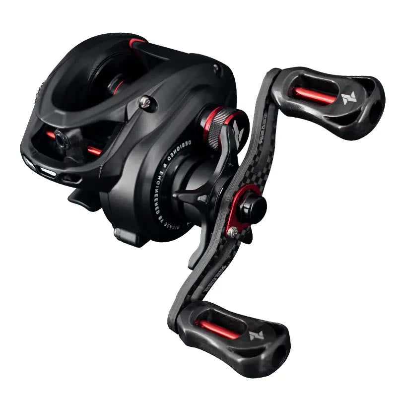 Mansory Pro BFS baitcasting reel, black carbon body with red accents