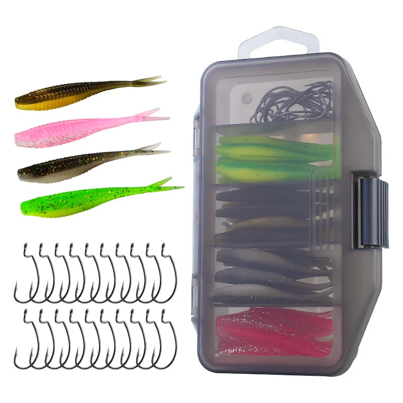 Split tail soft lure kit, box and baits