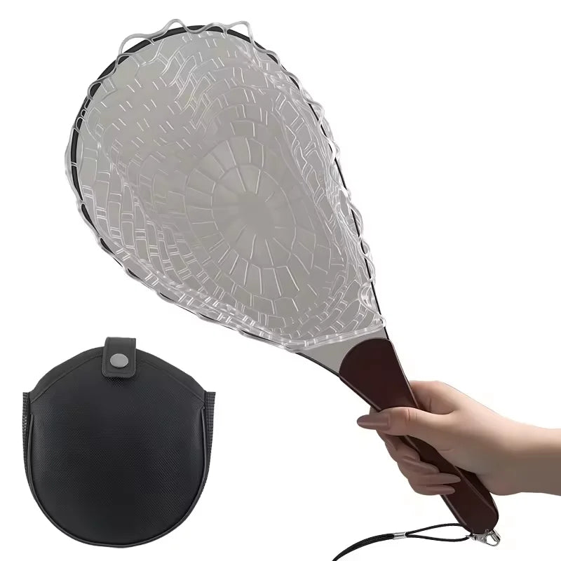 Folding wood-handle landing net, in hand