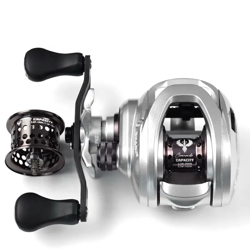 Commando BFS baitcasting reel, silver carbon frame with perforated spare spool