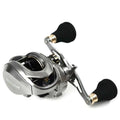 Megacuda round jigging reel, silver aluminum frame with power handle