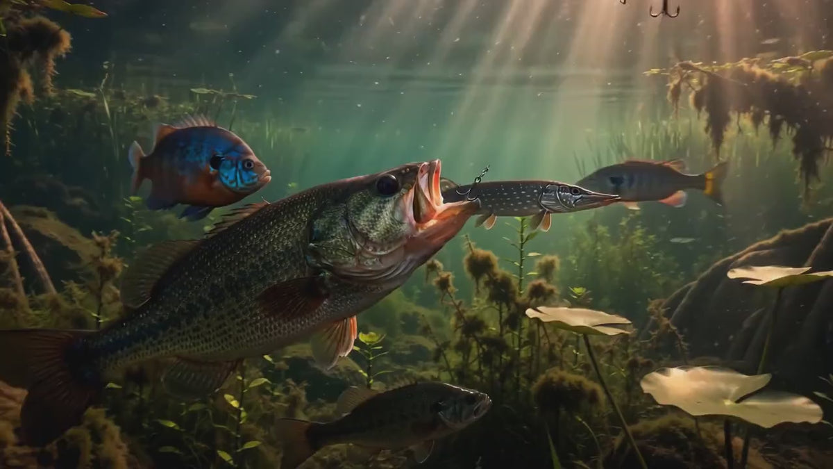 Backwater Angler desktop hero — bass strike story, wide cut v11
