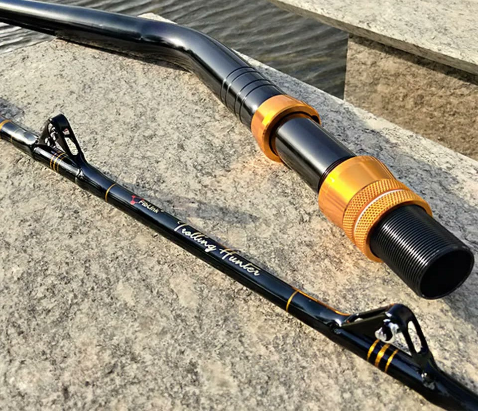 BACKWATER ANGLER Trolling rod bent butt and anodized reel seat detail